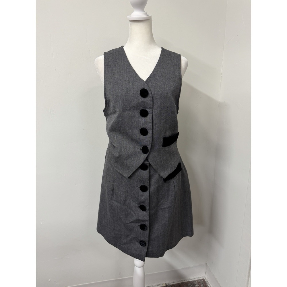Vtg 90s Women's Small Gray Velvet Buttons Vest Mini Skirt 2 Piece Set Made USA